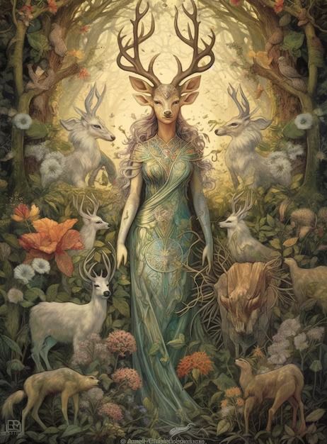 Download this Premium AI-generated image about A painting of a woman in a dress with deers and flowers., and discover more than 60 million professional graphic resources on Freepik Deer Woman Mythology, Woman With Antlers, Deer Goddess, Tarot Mucha, Deer Lady, Deer Woman, Queen Of The Forest, Deer God, Female Warrior Illustration