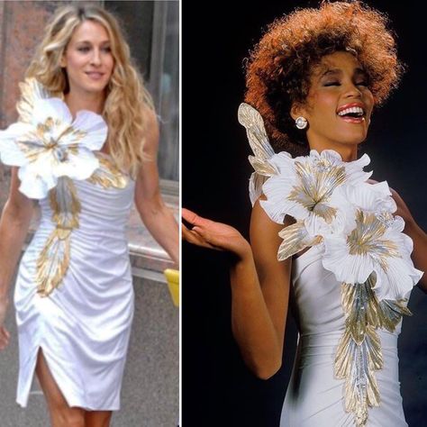 Sarah Jessica Parker aka Carrie Bradshaw vs Whitney Houston in Cache Vintage Flower dress Carrie Bradshaw Flower, Carrie Bradshaw Outfits, Princess Closet, Patricia Field, White Flower Dress, Full Length Gowns, Sarah Jessica, She Girl, Whitney Houston