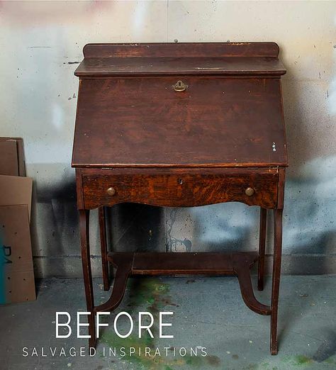 Painted Secretary Desk - Salvaged Inspirations Small Secretary Desk Makeover, Vintage Writing Desk Makeover, Chalk Painted Secretary Desk, Antique Secretary Desk Decor, Antique Secretary Desk Makeover Ideas, Diy Secretary Desk, Living Room Ideas Eclectic, Room Ideas Eclectic, Writing Desk Makeover