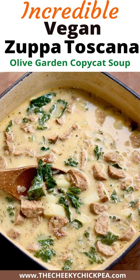 vegan zuppa toscana soup in a pot Vegan Zuppa Toscana, Olive Garden Soup, Olive Garden Soups, Garden Soup, Olive Garden Zuppa Toscana, Sausage Kale, Tuscan Soup, Toscana Soup, Italian Sausage Soup