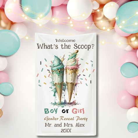 What's the scoop Party, Welcome Banner Ice Cream Gender Reveal Party Welcome Cute and modern and trendy gender reveal party Welcome Foam Board featuring a watercolor illustration of ice cream in waffle cones in pink and blue with gold ice cream splash. The text says Welcome "What's the scoop? Boy or Girl?" Perfect for a gender reveal party in the summer. #whatsthescoopgenderreveal #teamboysticker #icecreamgenderreveal #summergenderreveal #watercoloricecreambanner https://www.zazzle.com/z/ajva... Ice Cream Gender Reveal, Cream Gender Reveal, Gold Ice Cream, Boys Sticker, Welcome Banner, Waffle Cones, Reveal Party, Reveal Parties, Gender Reveal Party