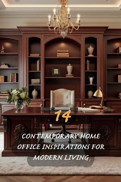 Discover the perfect blend of sophistication and functionality with this stunning contemporary home office design. The rich wood tones, elegant chandelier, and curated bookshelves create a warm and inspiring workspace. Whether you're looking to revamp your current office or design a new one, this aesthetic will elevate your productivity while showcasing your style. Arched Built Ins Office, Timeless Office Design, Executive Home Office Design, Ceo Office Room Luxury, Curated Bookshelves, Contemporary Home Office Design, Lawyer Office Design, Elegant Home Office, Home Office Decorating Ideas