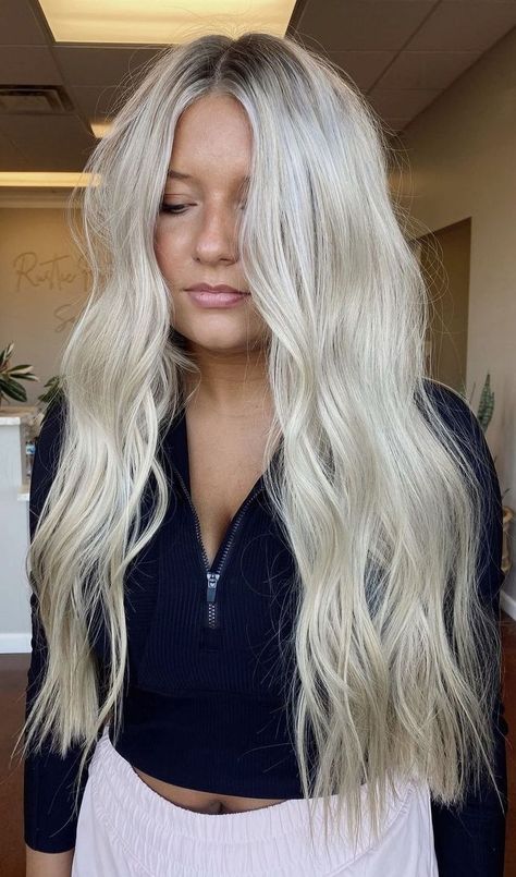 White Hair With Roots, Bright Blonde On Dark Hair, Blonde Hair With Contrast, Platinum Blonde Hair With Shadow Root And Money Piece, Ash Blonde With Root Smudge, Lived In Bright Blonde Dark Roots, Blonde With Root Tap, Blended Roots Blonde, Bright Blonde Hair With Dimension