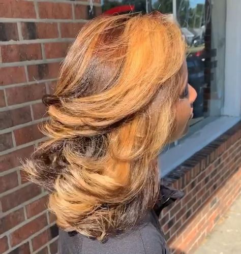 Apr 26, 2020 - This Pin was discovered by Brownskinxo. Discover (and save!) your own Pins on Pinterest Side Part Flip Hair, Highlighted Silk Press, Fall Color Silk Press, Fall Color Black Women Hair, Orangish Blonde Hair, Silk Press With Blonde Highlights, Blonde Hair Color On Black Women, Natural Silk Press With Color, Silk Press Natural Hair With Highlights