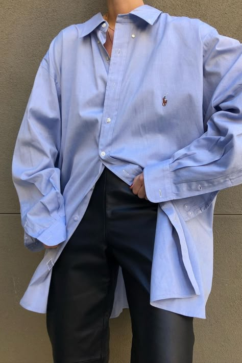 Oversized Men’s Shirt Outfit For Women, Mens Oversized Shirt Outfits For Women, Oversized Men Shirt Outfit Women, Oversized Blue Shirt Outfit, Blue Oversized Shirt Outfit, Oversized Blue Shirt, Aesthetic On A Budget, Blue Oversized Shirt, Polo Ralph Lauren Outfits