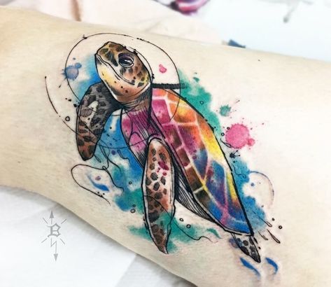 Turtle tattoo by Brandon Bec Sea Turtle Watercolor Tattoo, Turtle Watercolor Tattoo, Tattoo Bunt, Sea Turtle Watercolor, Sea Turtle Tattoo, Turtle Tattoo Designs, Turtle Watercolor, Painting Landscapes, Marquesan Tattoos