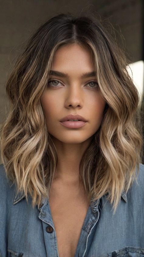 Lob Haircuts with Balayage Bob Caramel Balayage, Caramel Balayage Lob, Lob Haircut Blonde, Long A Line Bob, Above The Shoulder Haircuts, Haircuts With Balayage, Shoulder Haircut, Balayage Lob, Haircuts 2024