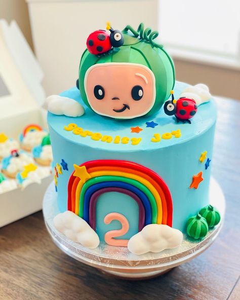 A custom made cocomelon themed cake with fondant decorations and matching cupcakes for a toddler birthday. Cocomelon Theme Cake, Cocomelon Theme, Eureka California, Fondant Decorations, Theme Cake, Fondant Cakes, Celebration Cakes, Themed Cakes, Fondant