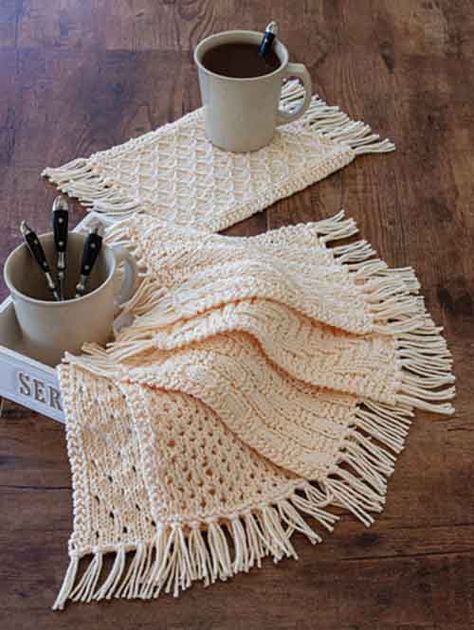 Rustic Knit Mug Rugs - Knitting Pattern Knit Mug Rug, Fancy Flip Flops, Rugs Pattern, Rustic Mugs, Mug Rug Patterns, Crochet Cushions, Set Patterns, Knitting Kits, Crochet Coasters