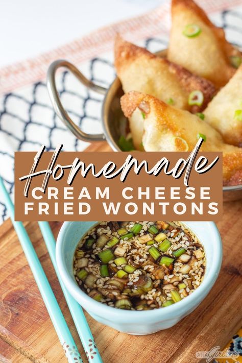 No need to order takeout! These crispy homemade Chinese-style cream cheese wontons have a creamy sweet filling that practically melts in your mouth. You only need 5 ingredients to make the popular restaurant appetizer. Serve them with a savory soy wonton dipping sauce or homemade sweet and sour sauce. Air Fryer Wontons Cream Cheeses, How To Make Cream Cheese Wontons, Cream Cheese Wonton Recipes Air Fryer, Wonton Dipping Sauce, Easy Cream Cheese Wontons, Chinese Cream Cheese Wontons, Homemade Sweet And Sour Sauce, Wonton Appetizers, Yummy Appetizers Parties