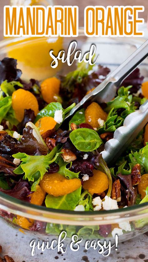 This mandarin orange salad is mixed greens with juicy orange slices, dried cranberries, feta cheese and candied pecans, all tossed in a homemade dressing. Spring Mix Salad Recipes, Candied Pecans For Salad, Orange Salad Recipes, Mix Vegetable Recipe, Mandarin Orange Salad, Christmas Salad Recipes, Spring Mix Salad, Winter Salad Recipes, Green Salad Recipes