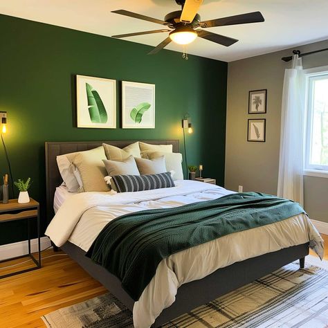 bedroom_green_accent_wall_grey_bed (38) Green And Burnt Orange Bedroom, Accent Bedroom Wall Ideas, Dark Green And Burnt Orange, Green Accent Bedroom, Accent Bedroom Wall, Green And Terracotta Bedroom, Orange Bedroom Walls, Burnt Orange Bedroom, Terracotta Bedroom