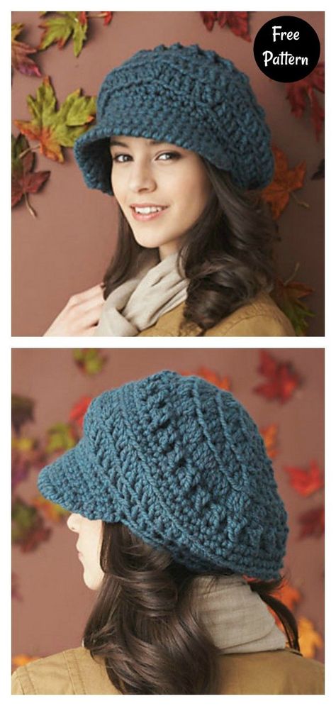 Newsboy Hat Free Crochet Pattern Newsboy Hat Pattern, Crochet Newsboy Hat, Pola Topi, Peaked Hat, Crochet Adult Hat, Crazy Crochet, Textile Craft, Crochet Hat With Brim, Crochet Headbands