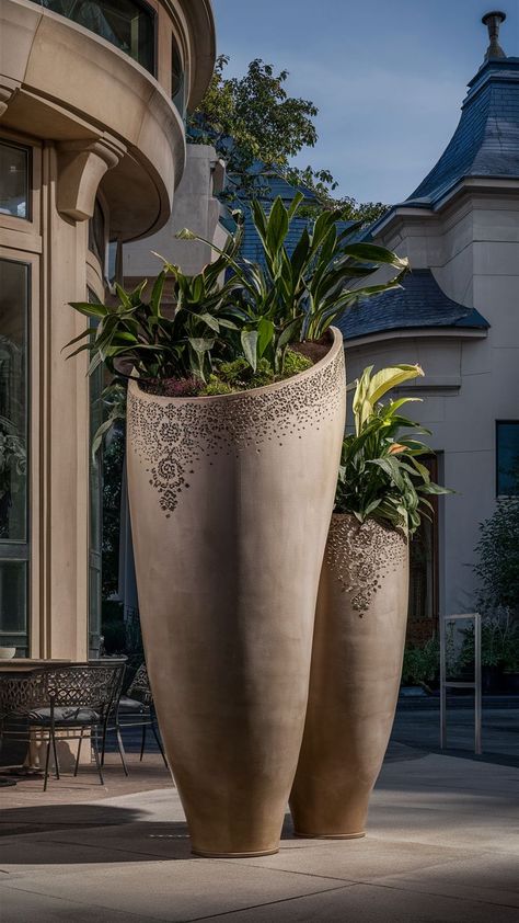 Turn your patio into a luxurious outdoor space with these 10 elegant tall outdoor planters. Find out how these planters can elevate your patio design and aesthetics. Luxurious Patio, Tall Planter Ideas, Hotel Landscape, Outdoor Vases, Concrete Plant Pots, Tall Floor Vases, Plant Pot Design, Flower Pot Design, Concrete Dining Table