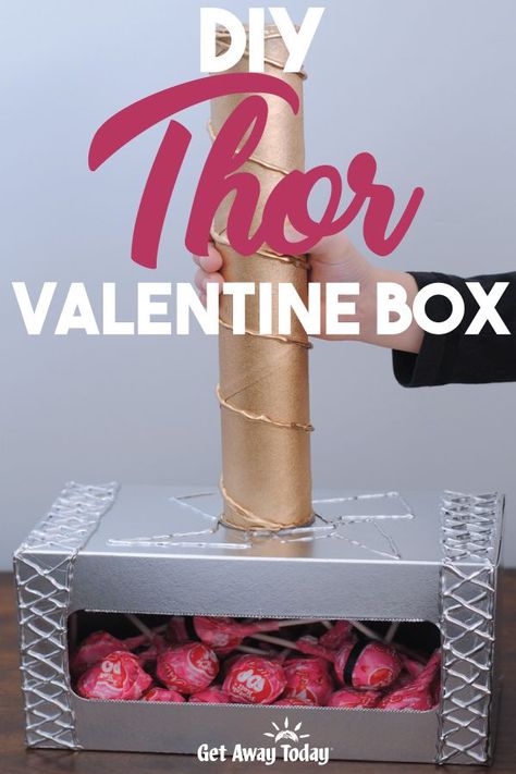 DIY Thor Valentine Box || Get Away Today Let your super hero celebrate Valentine's Day in style with this Thor Valentine box tutorial. Thor's hammer makes the perfect Valentine box. #marvel #Valentinesday #thor #mjolnir #valentinebox Diy Valentine Box Ideas, Marvel Valentines Box Ideas, Avengers Valentine Box Ideas, Valentine Box Ideas For School Boys, Valentines Day Box Ideas For Boys, Valentine’s Day Box Ideas, Valentines Box Ideas For Boys, Marvel Diy Crafts, Valentines Box Ideas