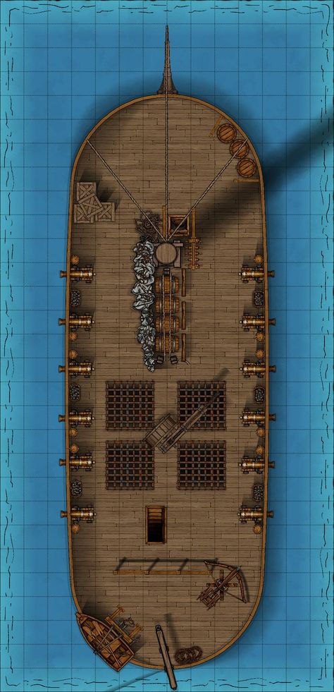 A Dungeondraft created battlemap of a Sloop Main Deck for a pirate campaign. DnD, RPG Fantasy City Map, Tabletop Rpg Maps, D D Maps, Below Deck, Fantasy City, Pirate Ship, Tabletop Rpg, Dead Man, City Map