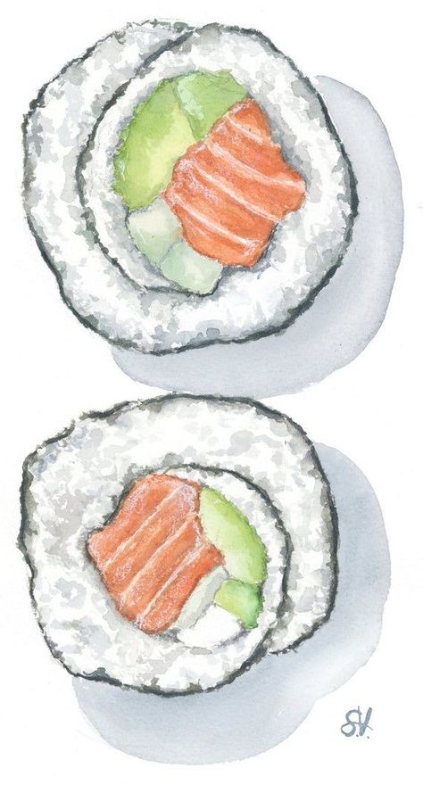 Sushi Painting, Sushi Watercolor, Sushi Drawing, Sushi Art, Watercolor Food, Watercolour Inspiration, Food Painting, Art Painting Gallery, Watercolor Art Lessons