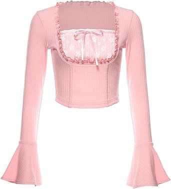 Fitted Pink Y2k Crop Top, Pastel Goth Pink Long Sleeve Top, Fitted Pink Kawaii Top, Pink Long Sleeve Kawaii Sets, Pink Short Sleeve Kawaii Top, Puff Long Sleeves, Lace Bows, Pharmacy Gifts, Cute Shirts