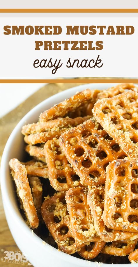 Don't miss this Smoked Mustard Pretzels Recipe! It's a simple recipe to curb all those crunchy cravings! Smoked Dog Treats, Mustard Pretzels Dry, Smoked Pretzels Recipe, Mustard Snacks, Smoked Pretzels, Flavored Pretzel Recipes, Mustard Pretzels Recipe, Recipes With Pretzels, Smoked Snacks