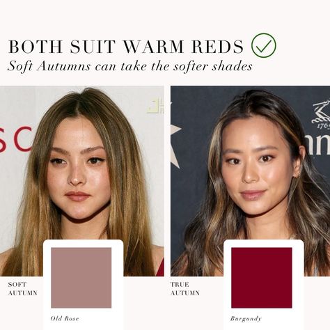 Comparing the sub-seasons of Soft Autumn and True Autumn 🤍 . #coloranalysis #softautumn #trueautumn #devonaoki #jamiechung #coloranalyst #autumnpalette Soft Autumn Color Combinations, True Autumn, Soft Autumn Makeup, Soft Autumn Palette, Kibbe Romantic, Soft Autumn Color Palette, Skin Color Palette, Skin Undertones, Devon Aoki