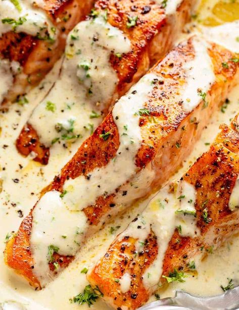 Cozy Salmon Recipes, Cod In Cream Sauce Recipes, Salmon With Tarragon Sauce, Salmon White Wine Cream Sauce, Buttery Salmon Recipes, Salmon With Cream Sauce Over Rice, Salmon Recipes With Mashed Potatoes, Salmon White Sauce, Salmon With Coconut Cream Sauce