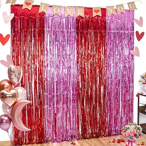 3 pack red pink foil fringe curtains, Extra large size (width x drop) 3.3 x 8.2 ft each, perfect for Valentine's Day decoration and general party decorations. Red pink metallic foil fringe curtains are made of tinsel. They are lightweight and durable fringe curtains. EASY TO APPLY Perfect photo backdrop for the Valentine's Day, Engagement, Wedding, Bridal Shower, Birthday, Bachelorette party decorations Backdrop For Valentines Day, Valentine Photo Backdrop, Red Party Decorations, Valentine Backdrop, Fringe Curtains, Streamer Backdrop, Party Photo Backdrop, Red Backdrop, Party Streamers