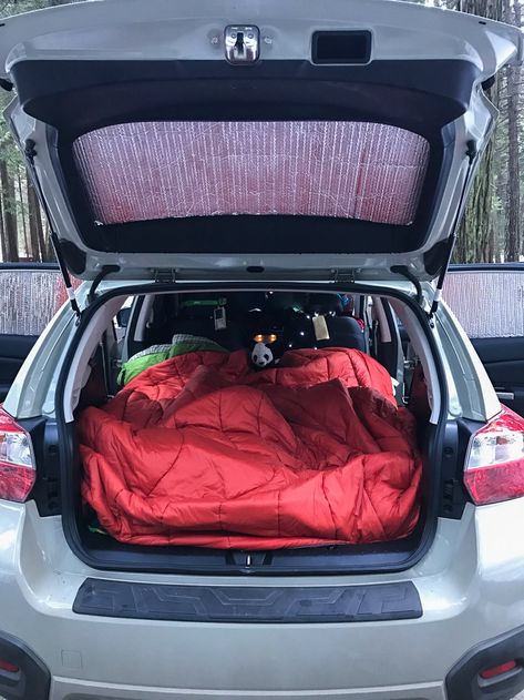 How We Sleep In Our Subaru Crosstrek Subaru Crosstrek Accessories, Car Sleeping, Sleep In Car, Car Tent Camping, Stealth Camping, Sleeping Hacks, Adventure Car, Car Tent, Tent Campers