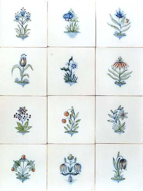 Custom Dutch tiles with hand-painted small flowers Marazzi Tile, Small Flower Design, Statement Tiles, Dutch Tiles, Delft Tiles, Flower Tile, Tile Trends, Traditional Tile, Emily Henderson