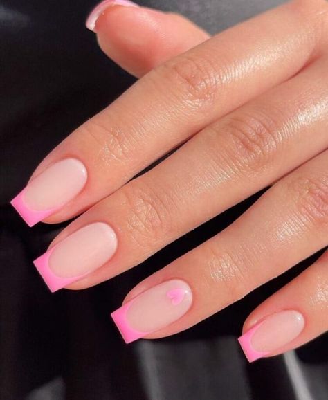 Short acrylic pink French manicure with a heart accent Pink And Purple French Nails, Pink French Tip Nails Squoval, Pink Inspired Nails, Pink Tip French Manicure, Pink French Manicure Nails, Pink French Tip Nails Square, Pink Manicures, Pink Nail Tips, Spring Gel Nails