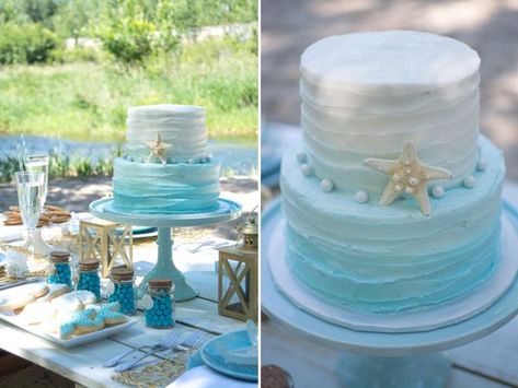 Beach Cupcakes, Beach Theme Wedding Cakes, Beach Wedding Decorations Reception, Beach Themed Wedding, Wedding Cake Ombre, Big Wedding Cakes, Beach Bridal Showers, Beach Cakes, Blue Bridal Shower