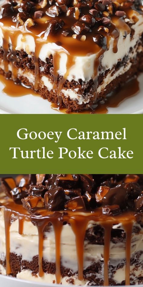 Gooey Caramel Turtle Poke Cake, Caramel Poke Cake Condensed Milk, Carmel Poke Cakes, Carmel Turtle Poke Cake, Poke Cake With Sweetened Condensed Milk, Poke Cake Recipes Condensed Milk, Turtle Poke Cake Recipe, Chocolate Caramel Poke Cake, Turtle Poke Cake