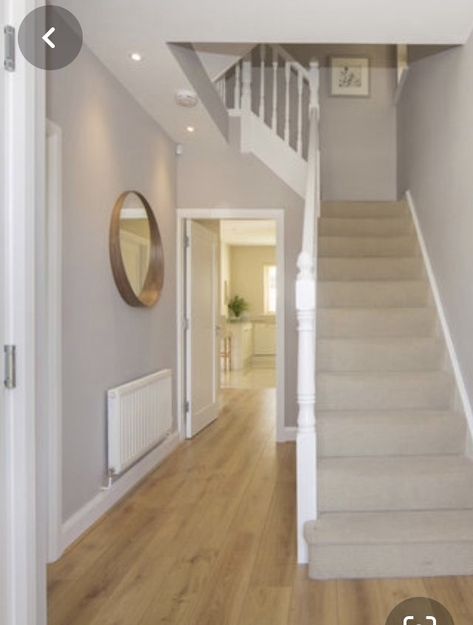 Hall Stairs And Landing Painting Ideas, Paint Colours For Hallway And Stairs, Hallway Stairs And Landing Decor Ideas, Landing Colour Ideas, Staircase Hallway Decor, Grey Hallway Ideas Stairways, Hall Stairs And Landing Ideas, Grey And White Hallway Ideas, Hall Stairs And Landing Decor