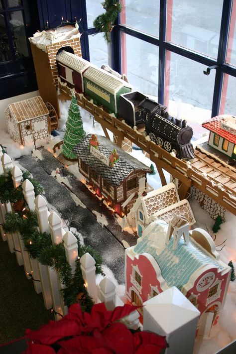 Polar Express Gingerbread House, Ginger Bread Train Ideas, Diy Gingerbread Train Ideas, Train Station Gingerbread House, Christmas Village Gingerbread, Gingerbread Bridge, Polar Express Gingerbread Train, Gingerbread Train Station, Gingerbread Display