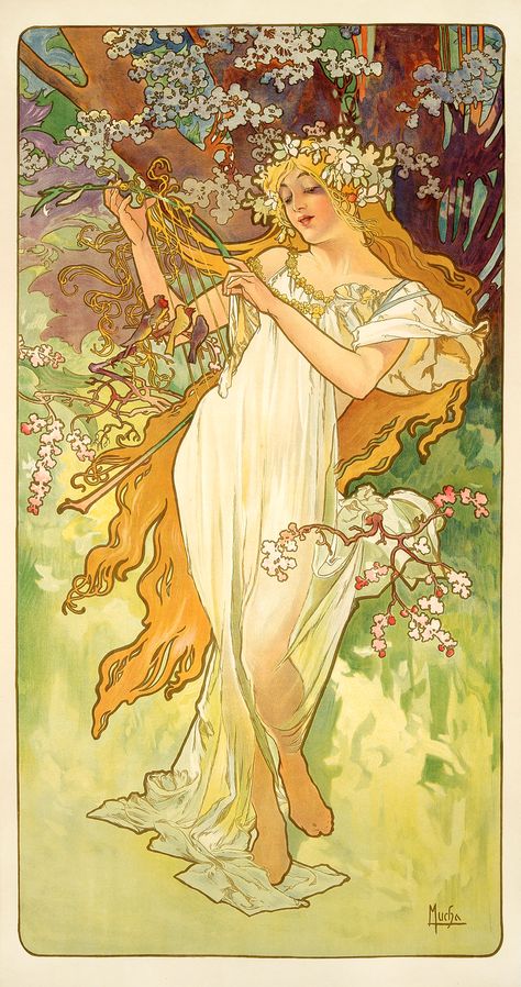 The Seasons - Spring - By Alfons Mucha 1896 Alfons Maria Mucha, Art Nouveau Mucha, Art Emotions, Illustration Art Nouveau, Alphonse Mucha Art, Design Art Nouveau, Istoria Artei, Mucha Art, Alfons Mucha