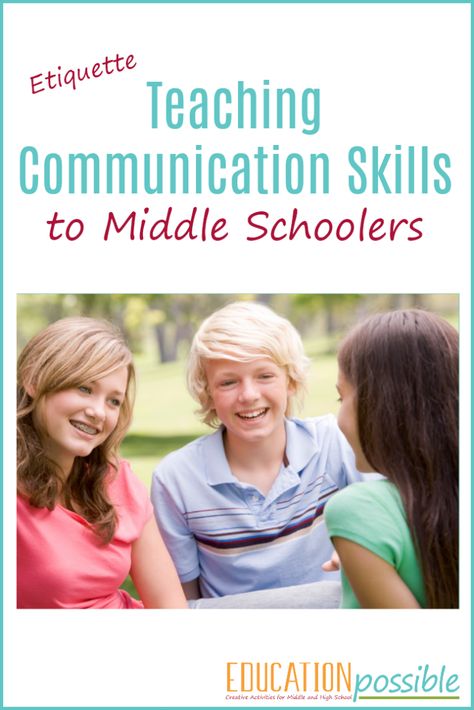 Etiquette is one of the *life skills* for teens that we spend a lot of time on in our home school because it's a complex subject. It's important to continue building our children's social skills, including communication. Middle Schoolers should know how to communicate effectively - skills like making small talk, entering and leaving a conversation, and reading body language. #middleschool #lifeskillsforteens #educationpossible via @edupossible Learning Communication Skills, Teaching Communication Skills, School Etiquette, Social Communication Skills, Middle School Counselor, Reading Body Language, Homeschool Middle School, Middle School Counseling, Teaching Life Skills