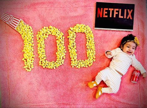 100days Baby Photography, Baby 100 Days Photo Ideas, 100 Days Baby Photoshoot, Popcorn Photoshoot, Popcorn Theme, Kids Flower Girl Dresses, Bday Themes, 5 Month Baby, Theme Photoshoot