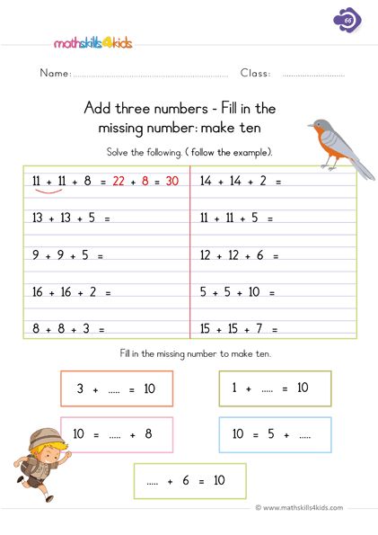 Super exciting add three numbers - Fill in the missing number: make ten math challenge for first graders. This very funny and easy but tricky exercise is meant to build in kids an awesome mental math skill and addition facts. Basic Addition Worksheets, Worksheets For Grade 1, Make Ten, Basic Addition, Making Ten, 1st Grade Math Worksheets, Addition Facts, Math Challenge, Missing Numbers