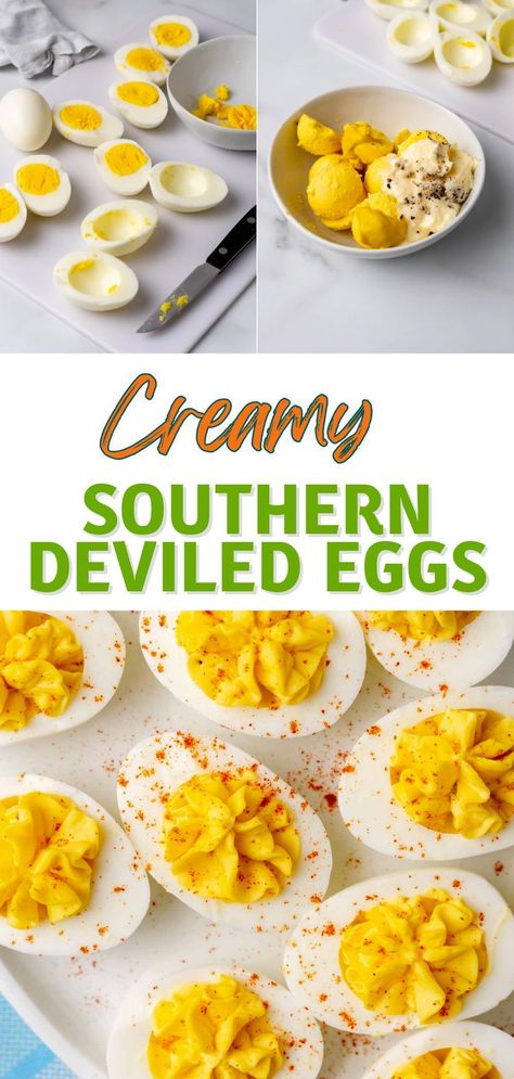 Creamy Southern Deviled Eggs are a beloved favorite and an absolute must-have for any holiday celebration. This easy, fuss-free recipe makes these creamy deviled eggs the ultimate finger food for parties and family get-togethers Food For Thanksgiving, Creamy Deviled Eggs, Food For Parties, Southern Deviled Eggs, Deviled Egg Recipe, Dude Food, Devilled Eggs Recipe Best, Devilled Eggs, Peeling Hard Boiled Eggs