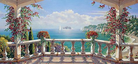 Balcony with sea view Santorini Villas, 강아지 그림, Photo Mural, Albrecht Durer, Simple Acrylic Paintings, New York Art, Fantasy Landscape, Anime Background, Santorini