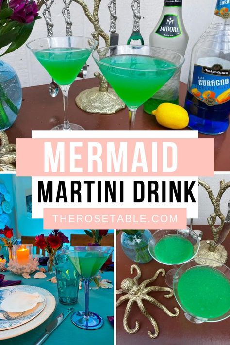 Life is da bubbles! Looking to make a splash with a vibrant and delicious mermaid martini? You’ve come to the right place! I created this gorgeous cocktail for Disney Dinners: The Little Mermaid. It may look a little crazy but it’s so good, you’ll want to make all the time! Mermaid Martini, Mermaid Cocktail, Little Mermaid Party, Orange Liquor, Martinis Drinks, Green Melon, Kids' Party Food, Melon Liqueur, Disney Dinner