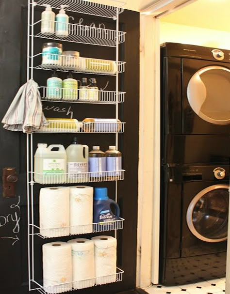 Hang a rack over the door to keep all your cleaning and laundry supplies. | 31 Ingenious Ways To Make Doing Laundry Easier Garage Laundry, Door Rack, Organize My Life, Organisation Hacks, Laundry Area, Door Organizer, Small Laundry Room, Small Laundry, Laundry Room Storage