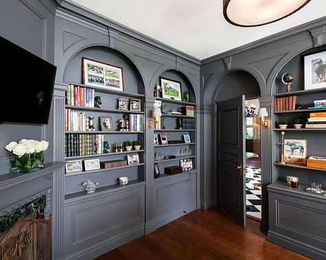 Benjamin Moore Kendall Charcoal built-in bookshelves Office Paint Colors Benjamin Moore, Kendall Charcoal Benjamin Moore, Benjamin Moore Kendall Charcoal, Perfect Grey Paint, Charcoal Interior, Transitional Home Office, Kendall Charcoal, Remodeling Trends, Office Paint Colors