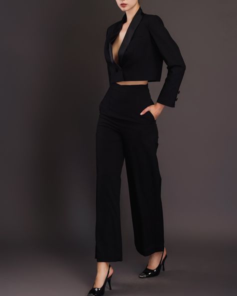 Bold and striking, just like fashion should be. CODE LAVIE’s Black Cropped Tuxedo Jacket and Wide-Leg Pants from the Ensign Collection redefine modern elegance with sleek architectural lines and fluid silhouettes. Perfect for making a statement at any event. Crafted from sustainable materials, this outfit merges style with eco-friendly fashion seamlessly. Embrace the confidence and comfort of CODE LAVIE. Tap to shop and turn heads wherever you go: [Black Satin Cropped Tuxedo Set] - Link in b... Cropped Tuxedo Jacket, Spandex Pants, Tuxedo Jacket, Eco Friendly Fashion, Sustainable Materials, Black Crop, Modern Elegance, Crop Jacket, Black Jacket