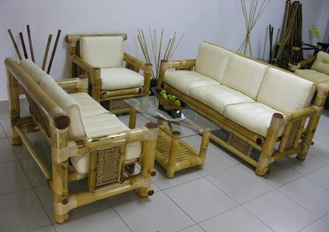 . Log Furniture Plans, Bamboo Furniture Diy, Rectangular Glass Coffee Table, Bamboo Furniture Design, Living Room Interior Design Ideas, Room Interior Design Ideas, Bamboo Sofa, Foam Sofa, Bamboo Decor