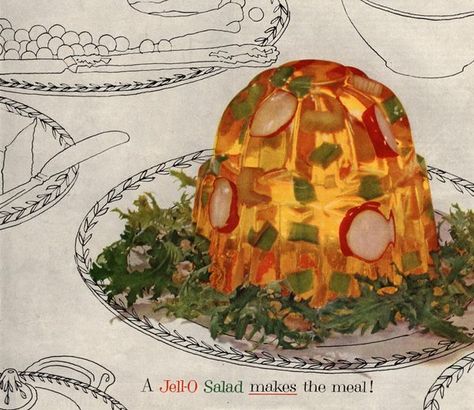 From futuristic test kitchens to Under-the-Sea Salad, midcentury Jell-O took a turn for the weird. Gelatin Salad, Vintage Jello, Medieval Banquet, Lamb Ribs, Weird Vintage, Jello Salad, Jelly Cake, Jello Recipes, Vintage Food