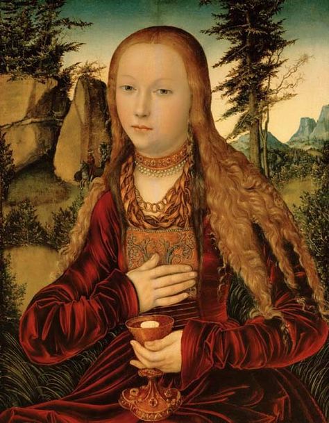 Lucas Cranach the Elder (Kronach 1472-1553 Weimar)  St. Barbara in a wooded landscape  signed with the artist's serpent device (center left, on the rocks)  oil on panel  28¾ x 22¼ in. (73 x 56.5 cm.) Cranach The Elder, St Barbara, Wooded Landscape, Lucas Cranach, Saint Barbara, Hans Holbein, Van Eyck, Jan Van Eyck, German Fashion