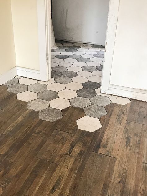 Hexagon Tile Meets Wood Floor, Tile To Hardwood Transition, Hardwood Transition, Tile To Wood Transition, Hexagon Diy, Hexagon Tile Pattern, Flooring Pattern, Wood Floor Bathroom, Transition Flooring