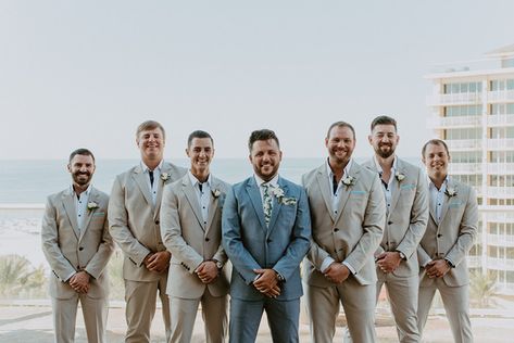 Wedding Spotlight: Halee & Josh Blue Groom Beige Groomsmen, Beige And Light Blue Wedding, Blue Groom Tan Groomsmen, Blue Groom Suit Tan Groomsmen, Classic Groomsmen Attire, Blue And Tan Groomsmen, Groomsman Colors, Beach Groomsmen Attire, Blue And Tan Wedding