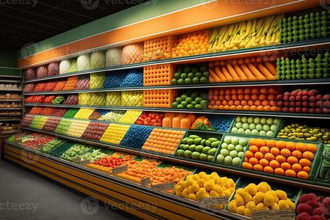 illustration of fresh and colorful, fruit and vegetable section of the supermarket Supermarket Background, Fruit And Veg Shop, Fruit Shop, Wedding People, Colorful Fruit, Store Design Interior, Cityscape Photos, Nature Backgrounds, Fruit And Veg