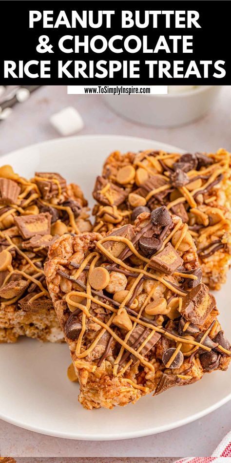 white plate of three peanut butter and chocolate rice krispie treats with chocolate and peanut butter chips and Reese's peanut butter cups chunks on top. Rice Krispie Treats Peanut Butter Chocolate, Chocolate Peanut Butter Rice Crispy Treats, Chocolate Peanut Butter Rice Krispies, Chocolate Peanut Butter Rice Crispy Cups, Chocolate Chip Rice Krispie Treats, Reese’s Puff Rice Krispie Treats, Reese’s Stuffed Rice Krispie Treats, Reese’s Peanut Butter Cup Rice Crispy Treats, Peanut Butter Rice Crispy Treats